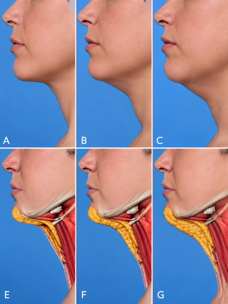 Diagram showing superficial versus deep submental fat pockets above and below the platysma muscle