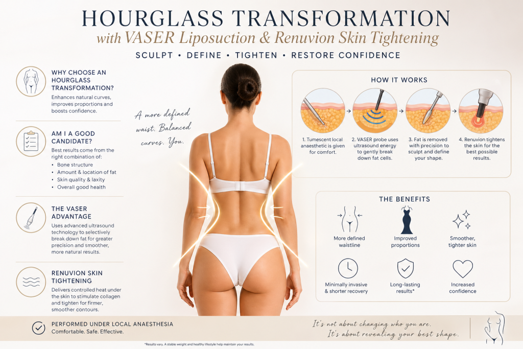 Hourglass cinched waistline transformation with VASER liposuction and Renuvion skin tightening Dublin clinic