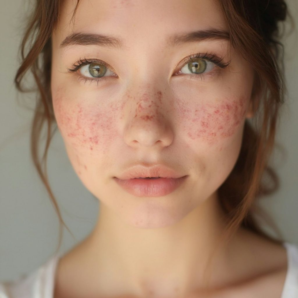 Close-up of facial rosacea confused with veins around the nose and cheek