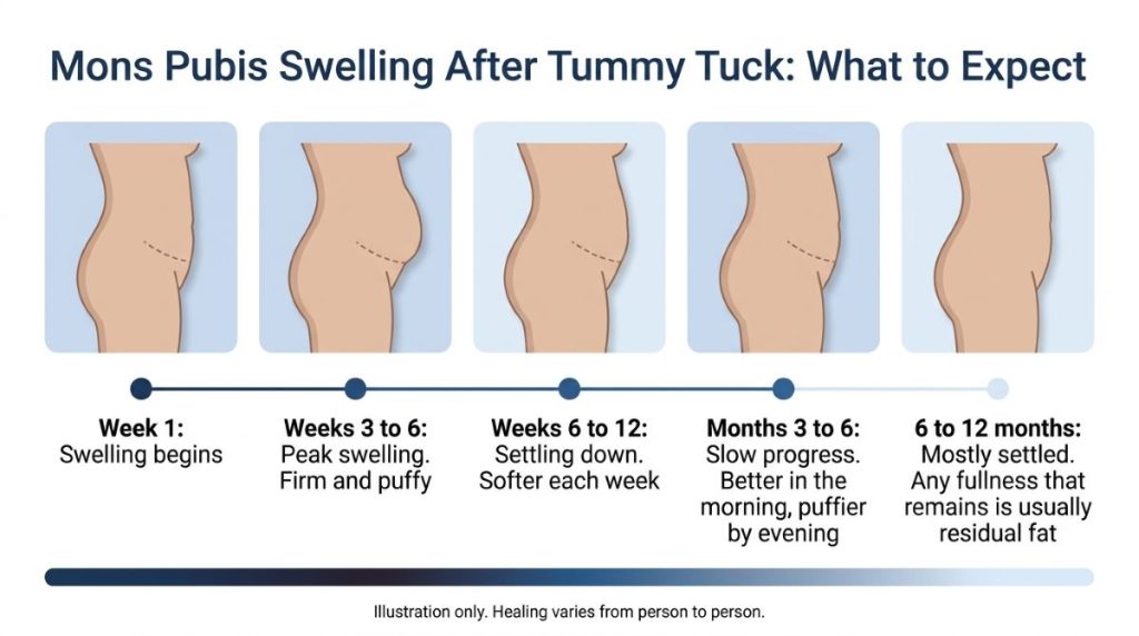 Illustration showing stages of mons pubis swelling after tummy tuck